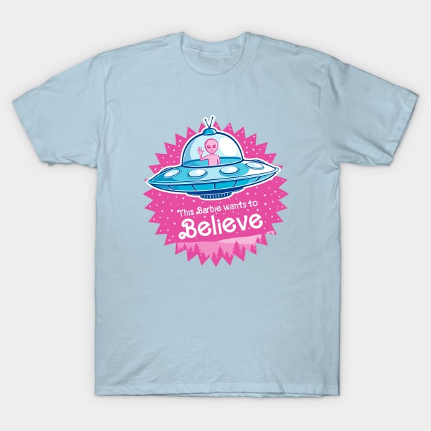 Pink Alien Wants to Believe blue UFO version T-Shirt by sirwatson